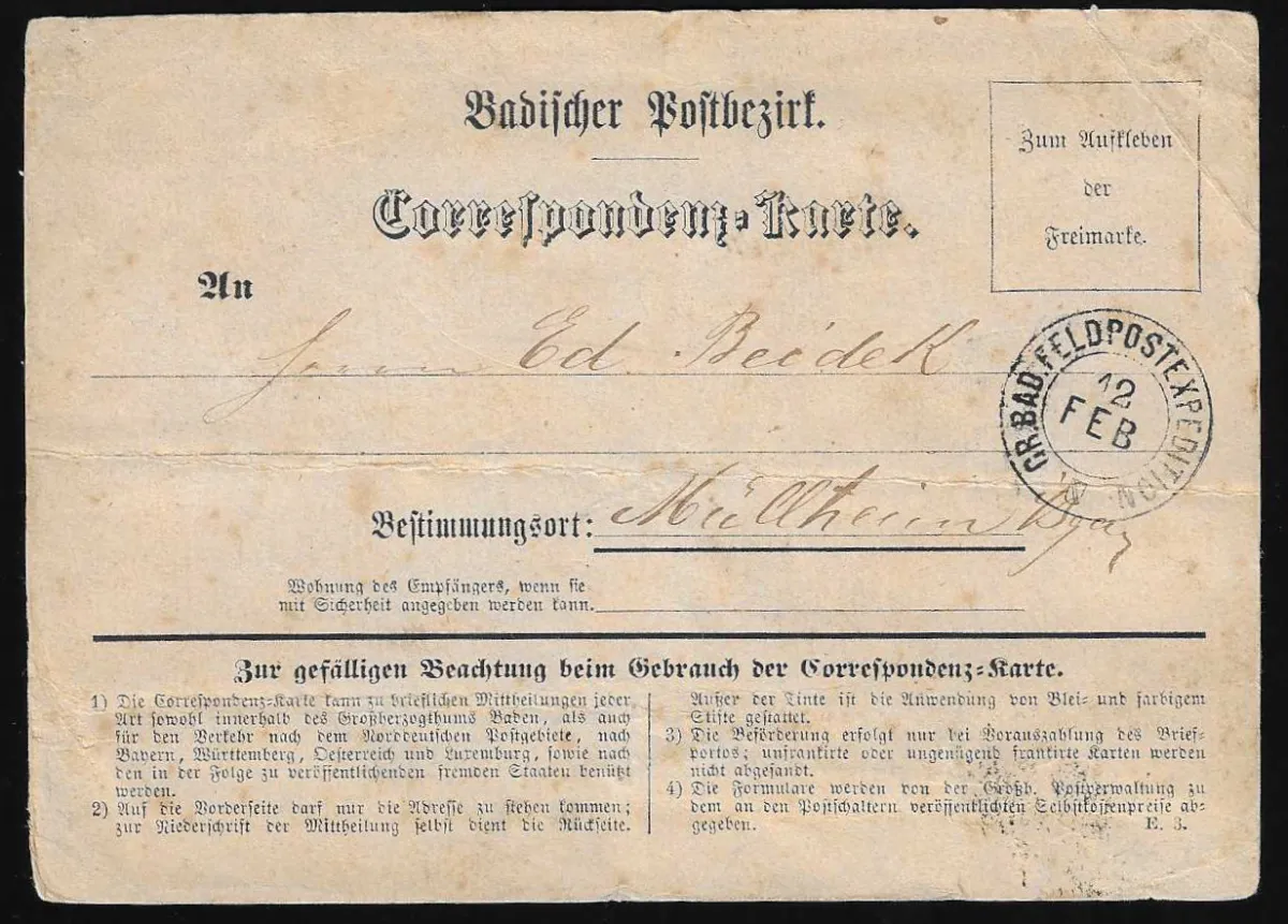 Feldpost, 1870/71, je K2 "Gr. Bad. Feldpostexpedition", einmal nebst blauem Truppenstempel, auf zwei Feldpost-Correspondenzkarten (stärkere Gebrauchsspuren),…