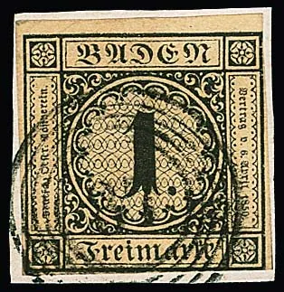1 Kr. schw./sämisch vom Oberrand auf Kabinettbriefstück mit NS "87" (Mannheim), sign. Pfenninger. Mi. 1000,-