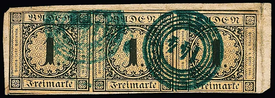 1 Kr. black/buff, vertical strip of three cut as typical for issue, partly over-margined, on piece with better blue NS "144" (Thiengen), Mi. 3600,-