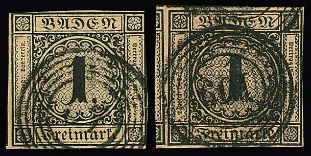 1 Kr. zwart/geelbruin, drie zijden volmargig, alsook op bruinachtig deels enorm randig, elk gestempeld prachtexemplaar, voor nr. 1b foto-expertise Stegmüller "onberispelijk". Mi. 1320,-