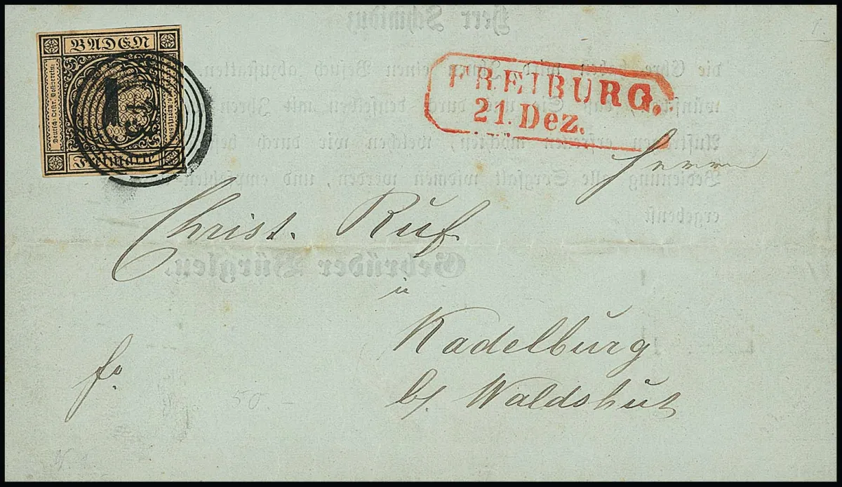 1 Kr. light brown, superb item with oversized margins on folded printed matter with NS "43" and red Ra2 "Freiburg"