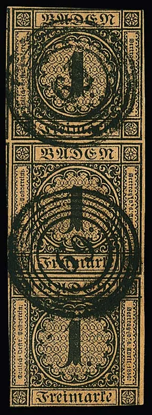 1 кр. чёрно-коричневая, вертикальная полоска из трёх с NS "69" (Kenzingen). Две внешние марки с небольшими складками от наклейки или затронуты, средняя марка…