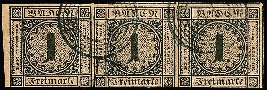 1 Kr. light brown, partly oversized-margined strip of three from the left sheet margin, top oversized margins, bottom cut into, middle stamp hinge trace. NS "41" from Ettenheim, certificate Stegmüller. Mi. 1200,-