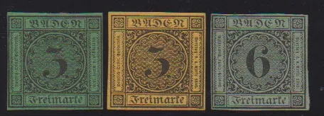 3 Kr. geeloranje en op groen evenals 6 Kr. groen, drie onberispelijke herdrukken, twee gesigneerd (Stegmüller en Englert). Mi. 360,-
