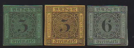 3 Kr. schw./gelborange und auf grün sowie 6 Kr. schw./grün, drei tadellose Neudrucke, zwei sign. (Stegmüller bzw. Englert). Mi. 360,-