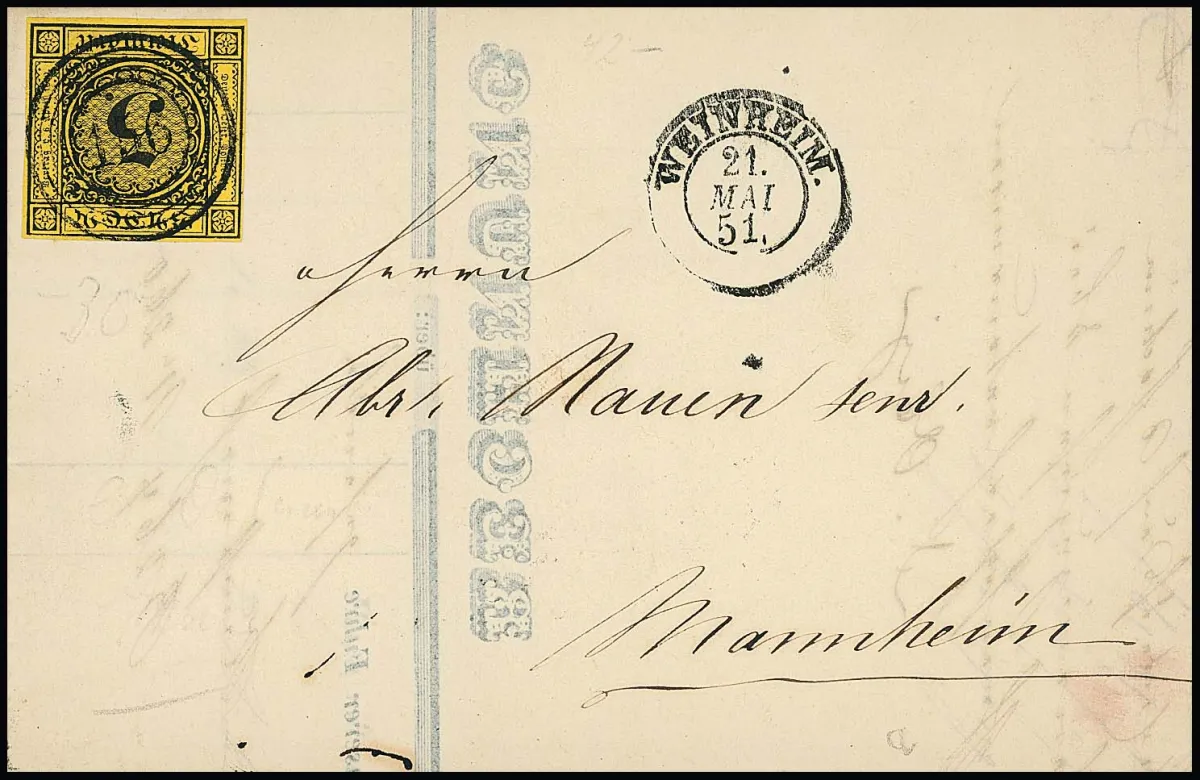 3 Kr. jaune foncé, larges marges, sur lettre de facture de cabinet avec NS clair "156" et K2 "Weinheim" du 21 mai 1851 (du mois d'émission !)