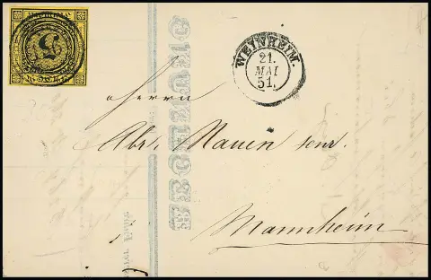 3 Kr. schw./dunkelgelb, breitrandig, auf Kabinett-Rechnungsbrief mit klarem NS "156" und K2 "Weinheim" vom 21. Mai 1851 (aus dem Ausgabemonat!)