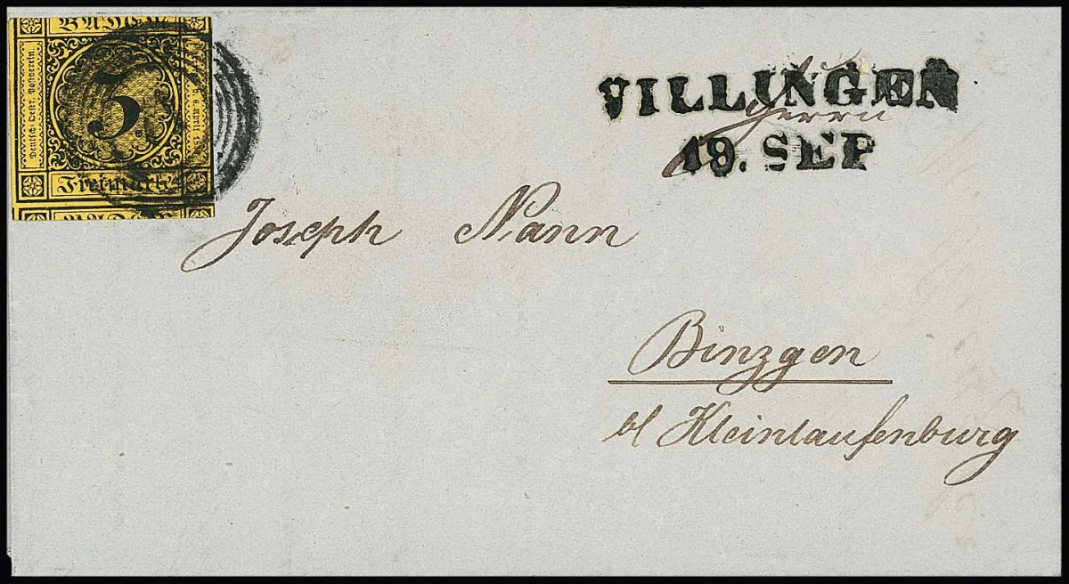 3 Kr. schw./dunkelgelb, oben angeschnitten, auf Brief mit Aufgabe-L2 "Villingen" 1851 nach Kleinlaufenburg. Marke kurios erst bei der Ankunft mit NS "71" von…