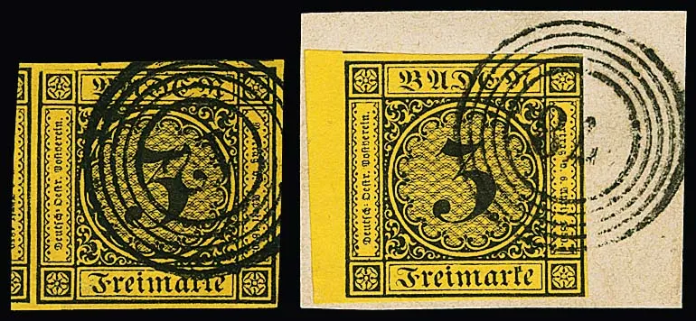 3 Kr. dark brown/dark yellow, eleven selected, some luxury items with clear cancellations, including beautiful letter pieces, large-margin pieces, etc.