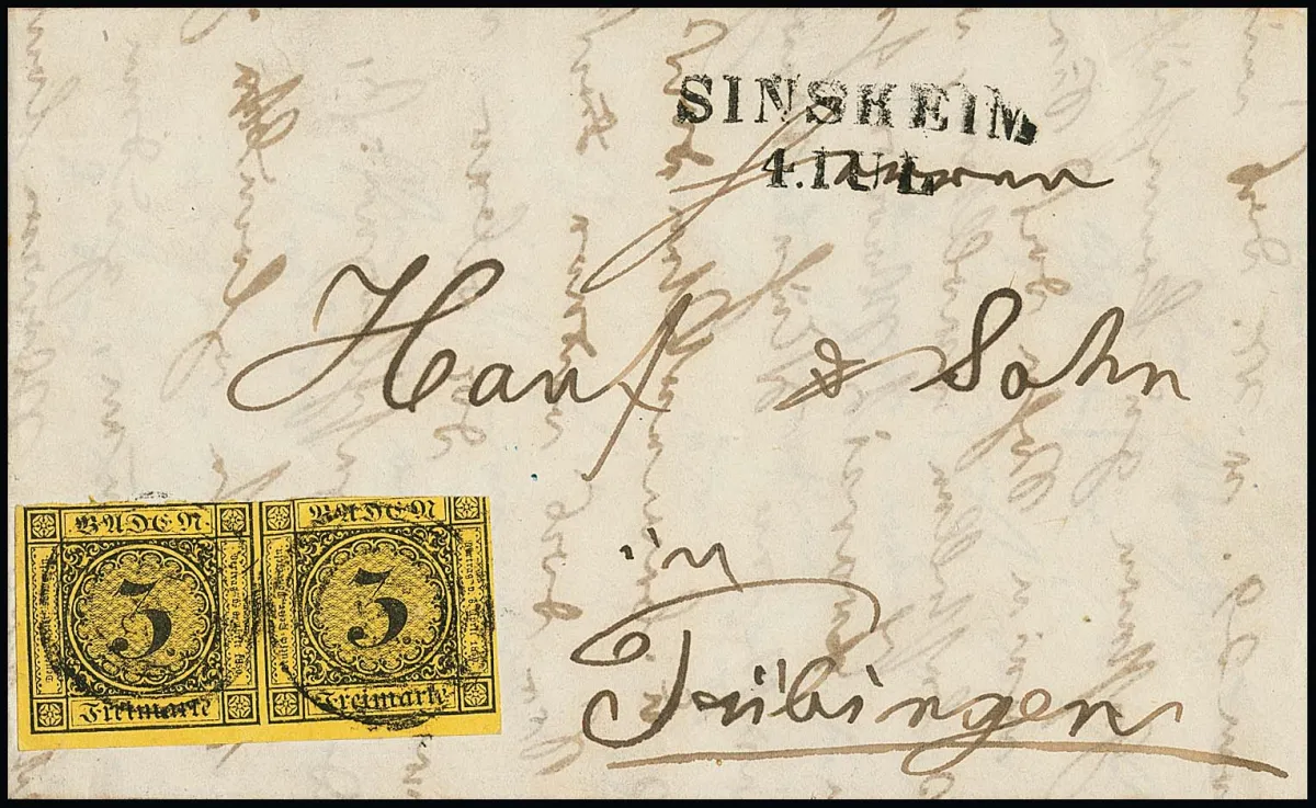 3 Kr. dark brown/dark yellow in pair from the lower left sheet corner, natural gum creases and right stamp cut at top, on letter from Sinsheim to…