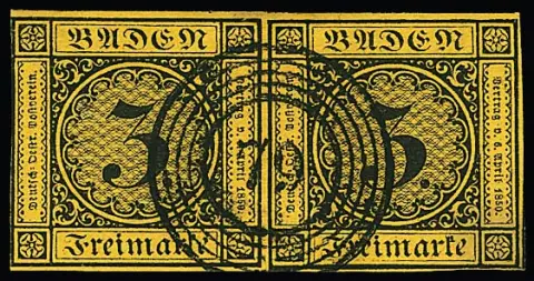 3 Kr. schw./dunkelgelb im Paar mit ideal zentr. NS "79", sowie 6 Kr. schw./blaugrün, breitrandig vom Oberrand mit Falz auf zugehörigem Kabinettbriefstück mit…