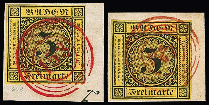 3 Kr. dark brown/dark yellow on cabinet letter piece with red NS "153" (Waldshut), same loose, as well as on letter piece (minor stain) with rare red NS…