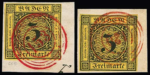 3 Kr. schw./dunkelgelb auf Kabinettbriefstück mit rotem NS "153" (Waldshut), dito lose, sowie auf Briefstück (unauffällige Beanst.) mit seltenem rotem NS…