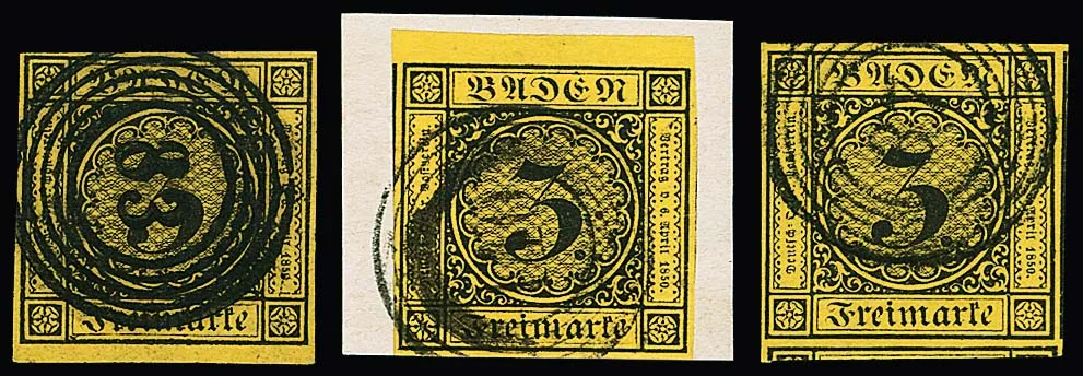 3 Kr. brun foncé/jaune foncé, trois pièces de cabinet/luxe à marges larges à surdimensionnées, une avec trois côtés de timbres voisins, deux du bord, dont rare NS "140" (Stollhofen),…