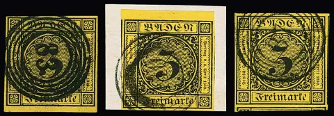3 Kr. schw./dunkelgelb, drei breit- bis überrandige Kabinett-/Luxusstücke, einmal drei Seiten Nebenmarken, zwei vom Rand, u.a. seltener NS "140" (Stollhofen),…