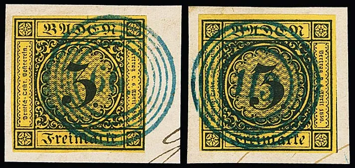 3 Kr. dark brown/dark yellow, seven pieces some cabinet with blue number cancellations: "4", "66", "74", "104", "113", "114" and "144", Feuser + 475,-