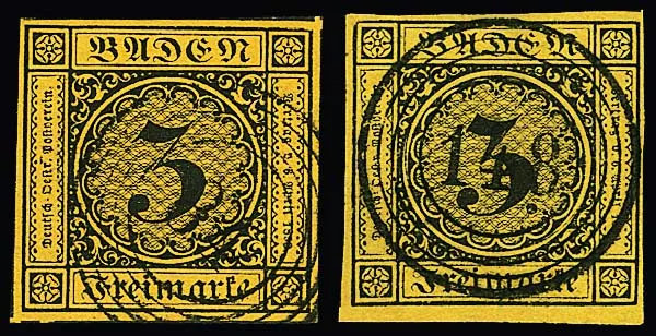 3 Kr. schw./dunkelgelb, acht ausgesuchte, teils Luxusstücke mit klaren Entwertungen, u.a. Schnittriese (alle vier Seiten Nebenmarken), Randstück etc.