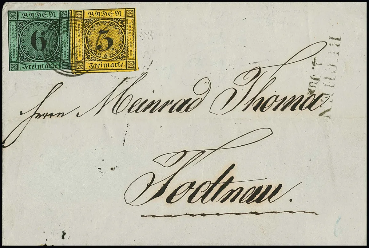 3 Kr. schw./dunkelgelb, teils überrandig, und ausgabetypisch geschnittene 6 Kr. schw./blaugrün auf Brief mit NS "20" und L2 "Buchen" nach Todtnau