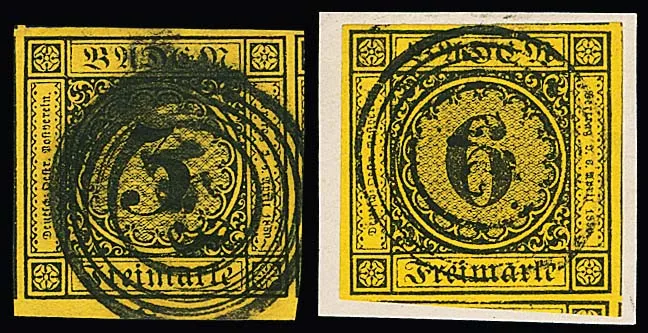 3 Kr. noir/jaune foncé et 6 Kr. noir/orange jaune (Bfst.), deux pièces de cabinet à très grandes marges avec voisins (3 Kr. tous côtés et bord de feuille en bas)