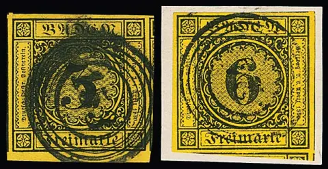 3 Kr. schw./dunkelgelb und 6 Kr. schw./gelborange (Bfst.), zwei riesenrandige Kabinettstücke mit Nebenmarken (3 Kr. alle Seiten und unten Bogenrand)