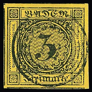 3 Kr. black/yellow, luxury piece with huge margins and central NS "13", right of the margin, otherwise neighbouring stamps on three sides, signed Kruschel