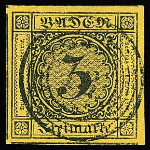 3 Kr. schw./gelb, riesenrandiges Luxusstück mit zentr. NS "13", rechts vom Rand, sonst dreiseitig Nebenmarken, sign. Kruschel