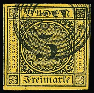 3 Kr. schw./gelb, riesenrandiges Luxusstück mit NS "112", alle vier Seiten Nebenmarken (!)