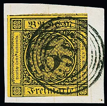 3 Kr. schw./gelb, ausgabetypisch geschnitten, auf Briefstück mit seltenem NS "51" (Graben) sehr klar