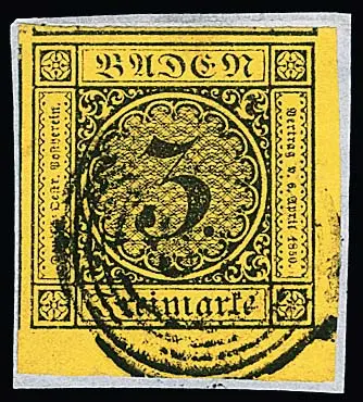 3 Kr. schw./gelb, riesenrandige kleine Kabinett-Bogenecke (alle Nebenmarken) auf Briefstück