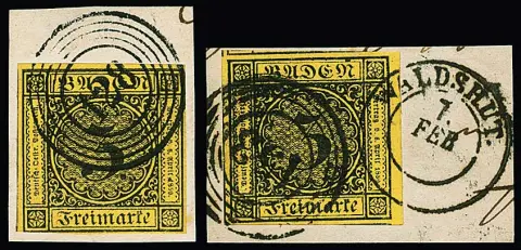 3 Kr. schw./gelb, zehn ausgesuchte, teils Luxusstücke mit klaren Entwertungen, u.a. vom Rand etc., teils sign.