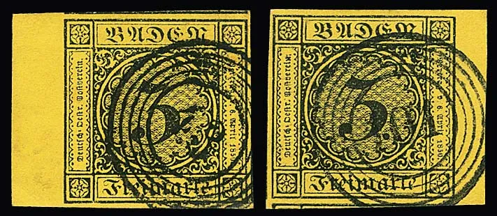 3 Kr. schw./gelb, drei überrandige Kabinett-Randstücke mit Bogenrand