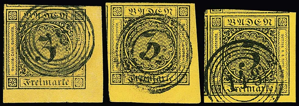 3 Kr. schw./gelb, vier Bogenecken, drei in Kabinett-/Luxuserhaltung (einmal Schnittriese), einmal Behandlungsspuren
