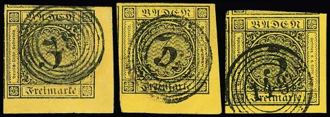 3 Kr. schw./gelb, vier Bogenecken, drei in Kabinett-/Luxuserhaltung (einmal Schnittriese), einmal Behandlungsspuren