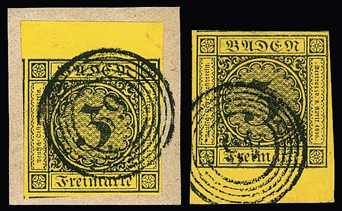 3 Kr. black/yellow, four examples with wide top or bottom margins (one slightly light), including one with huge margins on luxury letter piece with NS "69" etc.