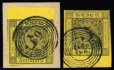 3 Kr. schw./gelb, vier Exemplare mit breiten Ober- bzw. Unterrändern (einmal etwas hell), dabei riesenrandig auf Luxusbriefstück mit NS "69" etc.
