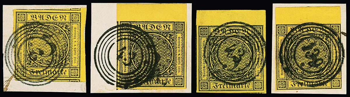 3 Kr. schw./gelb, vier ausgesuchte Randstücke, einmal mit diversen Nebenmarken und re. Rand auf Briefstück mit NS "2" (ex "Romanow"), ferner dreimal mit…