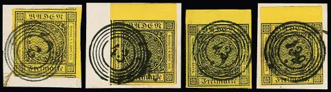 3 Kr. schw./gelb, vier ausgesuchte Randstücke, einmal mit diversen Nebenmarken und re. Rand auf Briefstück mit NS "2" (ex "Romanow"), ferner dreimal mit…
