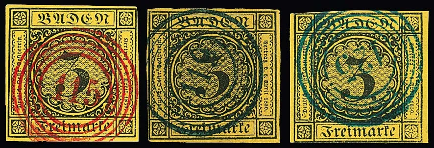 3 Kr. black/yellow, five values with colored NS: "28", twice "115" (luxury, one plate flaw), each in red, as well as "119" (cabinet, signed Seeger) and "125" each in blue