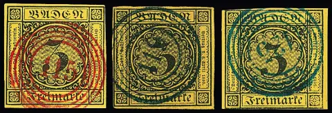 3 Kr. schw./gelb, fünf Werte mit farbigen NS: "28", zweimal "115" (Luxus, einmal Plattenfehler), je in rot, sowie "119" (Kabinett, sign. Seeger) und "125" je…