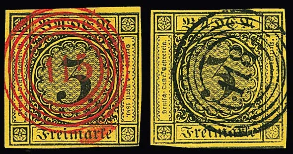 3 Kr. zwart/geel, zeven geselecteerde exemplaren, deels breedgerande luxe stukken, o.a. rode NS "115" (gesigneerd Stegmüller)