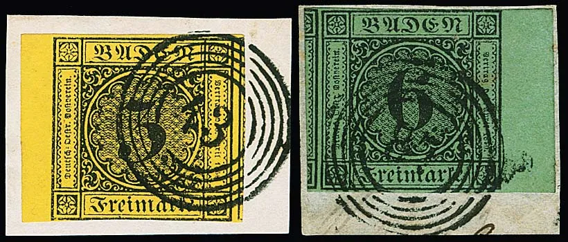 3 Kr. noir/jaune et 6 Kr. noir/vert avec larges bords de feuille, certains timbres secondaires, sur deux pièces de lettre de cabinet avec NS "43" et "87"