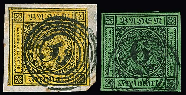3 Kr. black/yellow and 6 Kr. black/yellow-green, two cabinet pieces with huge margins, each with three sides of secondary stamps (6 Kr. from the edge)