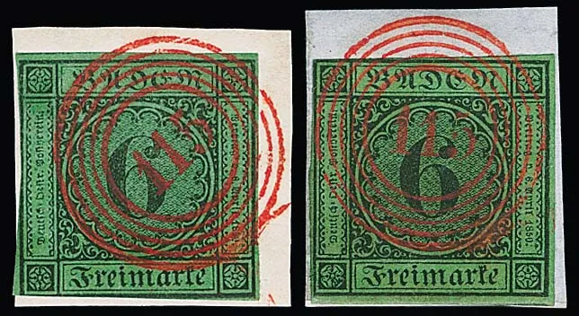 3 Kr. schw./gelb und dreimal 6 Kr. schw./gelbgrün (zwei Briefstücke), je mit klarem rotem NS "115" von Rastatt
