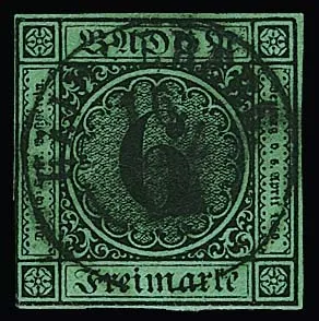 6 Kr. schw./blaugrün, weitgehend vollrandig, mit zentrischer Ortsstempel-Entwertung durch K2 "Heidelberg"