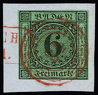 6 Kr. schw./blaugrün auf Kabinettbriefstück mit rotem NS "84" und leicht übergehendem Ra2 von Lörrach, sign. Englert