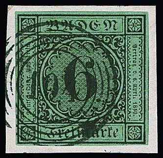 6 Kr. schw./blaugrün, breit- bis überrandig mit Falz auf zugehörigem Luxusbriefstück mit NS "104", sign. Seeger