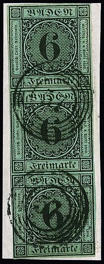 6 Kr. noir/bleu-vert, bande de trois rare, se présentant maintenant bien avec bords complétés, seulement légèrement adhérente, sur fragment de lettre avec NS "57", signé Englert. Mi. 1800,-