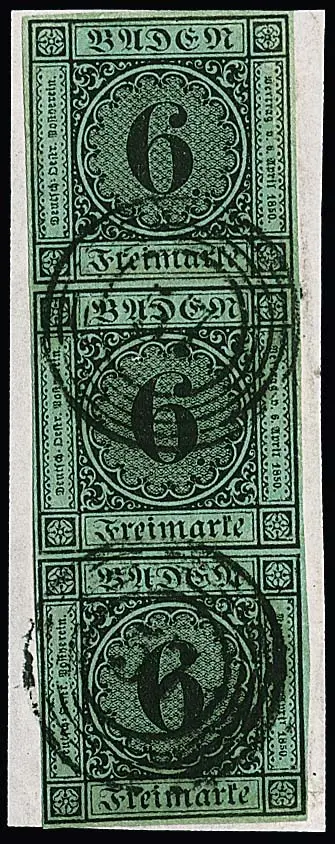 6 Kr. schw./blaugrün, seltener, jetzt gut präsentierender Dreierstreifen mit ergänzten Rändern, nur noch leicht haftend, auf Briefstück mit NS "57", sign…