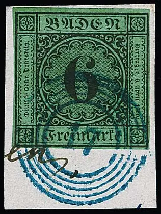 6 Kr. schw./bläulichgrün, vier ausgesuchte Exemplare, u.a. auf Kabinettbriefstück mit blauem NS "17" (Boxberg, sign. Seeger)