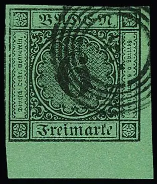 6 Kr. schw./gelbgrün, allseits breitrandige, größere rechte untere Bogenecke, links oben winzige Faserstelle, sign. Seeger